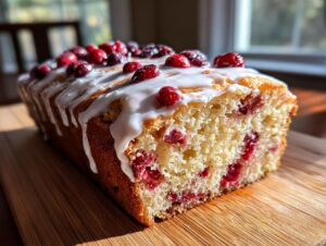 A close-up of moist cranberry orange bread loaf, topped with white glaze and fresh cranberries.