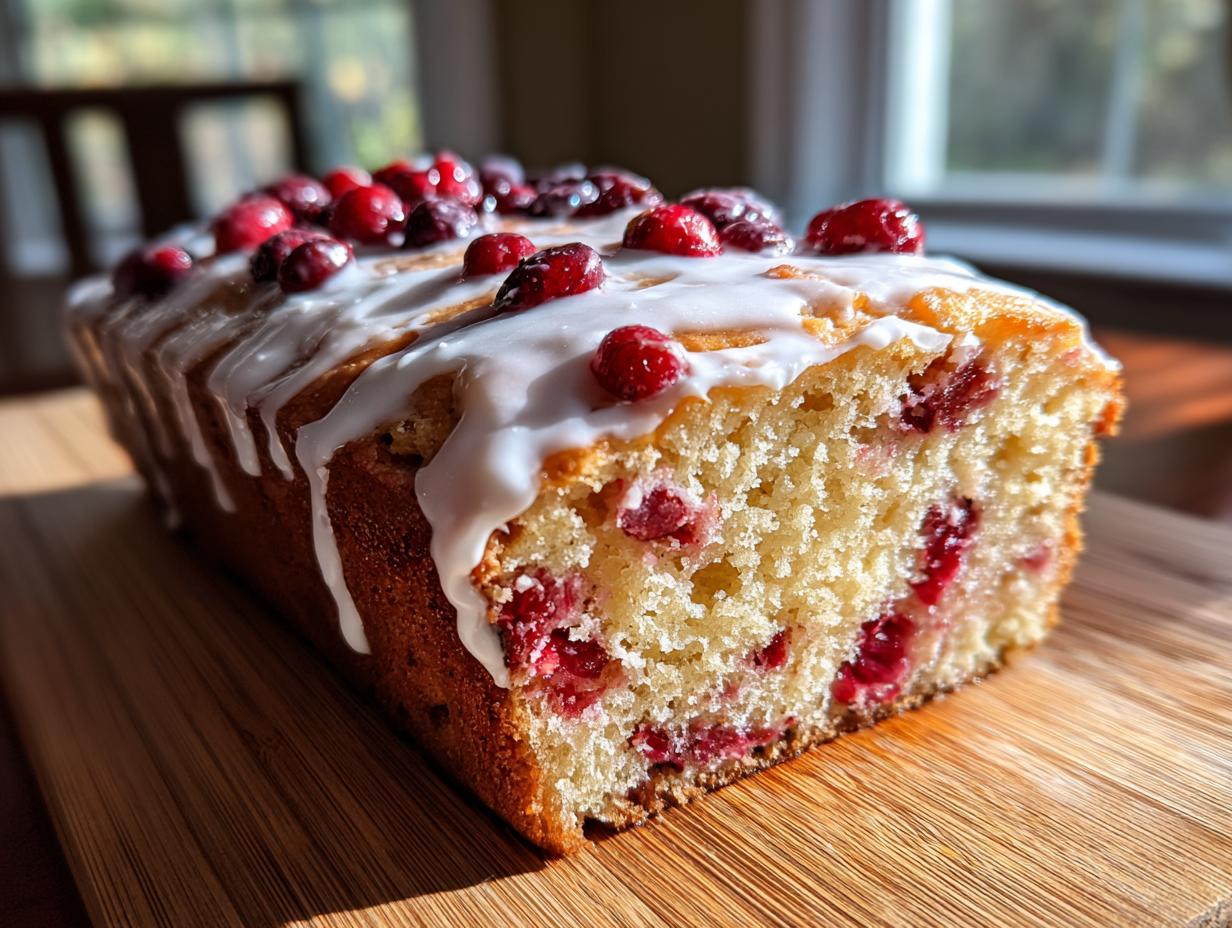 A close-up of moist cranberry orange bread loaf, topped with white glaze and fresh cranberries.