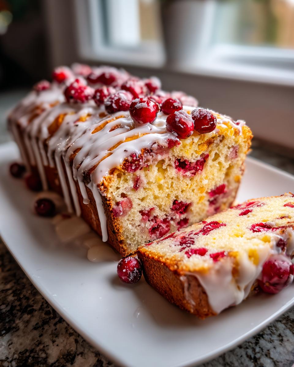 A loaf of moist cranberry orange bread, sliced, topped with white glaze and fresh cranberries.