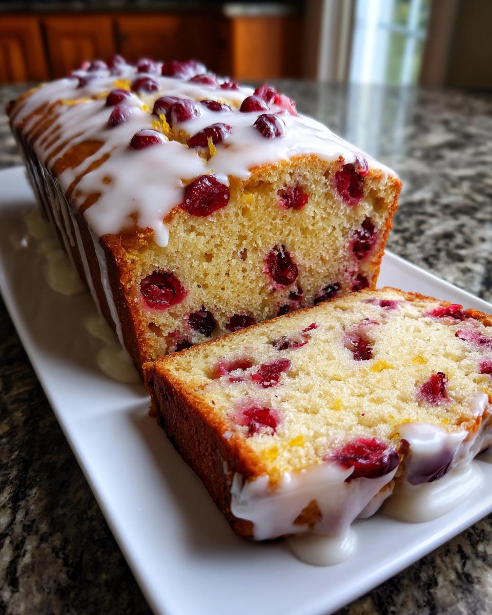 A slice cut from a loaf of moist cranberry orange bread topped with white glaze and whole cranberries.