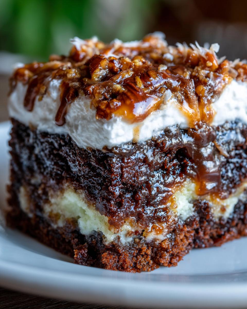Close-up of a moist slice of german chocolate poke cake showing chocolate layers, cream cheese filling, and pecan coconut topping.