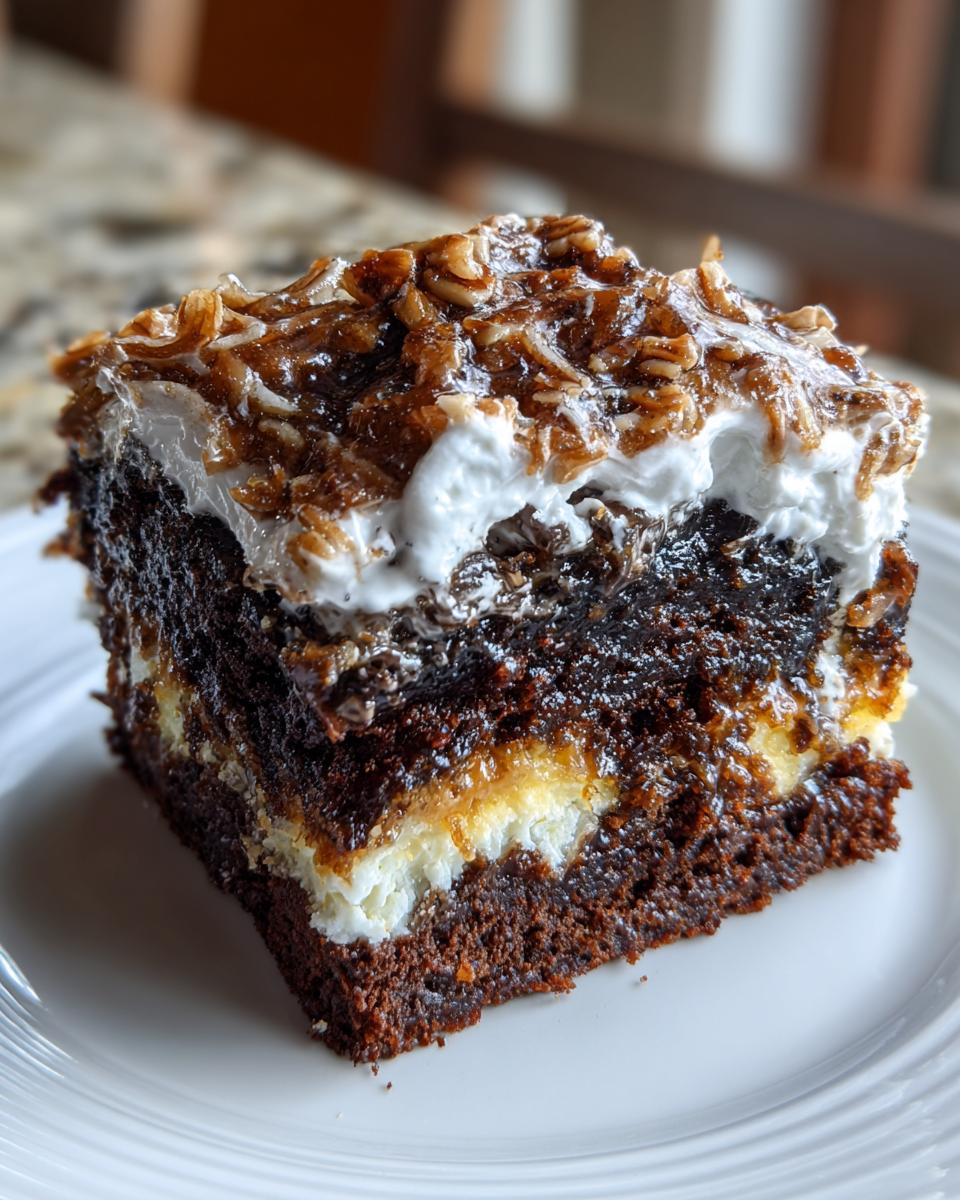 Close-up of a moist slice of german chocolate poke cake showing dark chocolate cake, white filling, and coconut pecan topping.