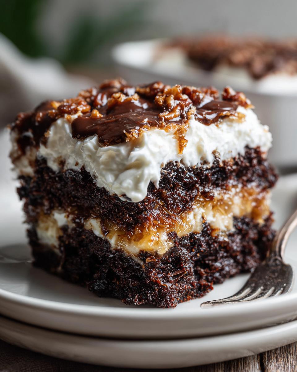 Close-up of a moist slice of german chocolate poke cake featuring dark chocolate layers, creamy filling, and pecan topping.