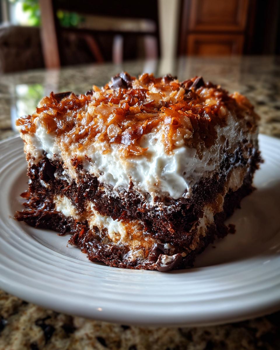Close-up of a moist slice of german chocolate poke cake showing layers of chocolate cake, white filling, and toasted coconut topping.
