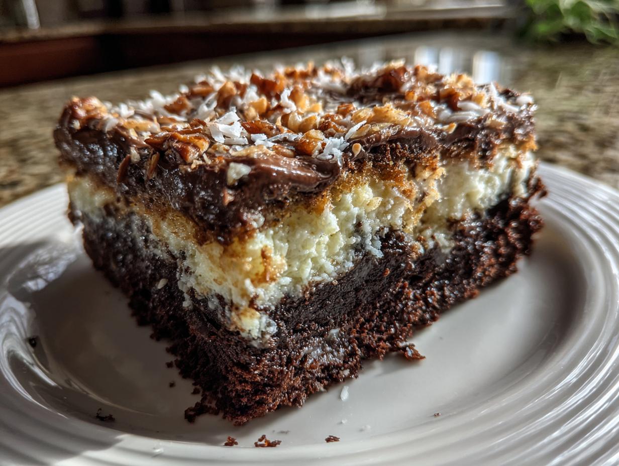 A close-up slice of moist german chocolate poke cake showing layers of dark chocolate cake, white filling, and a rich topping with pecans and coconut.