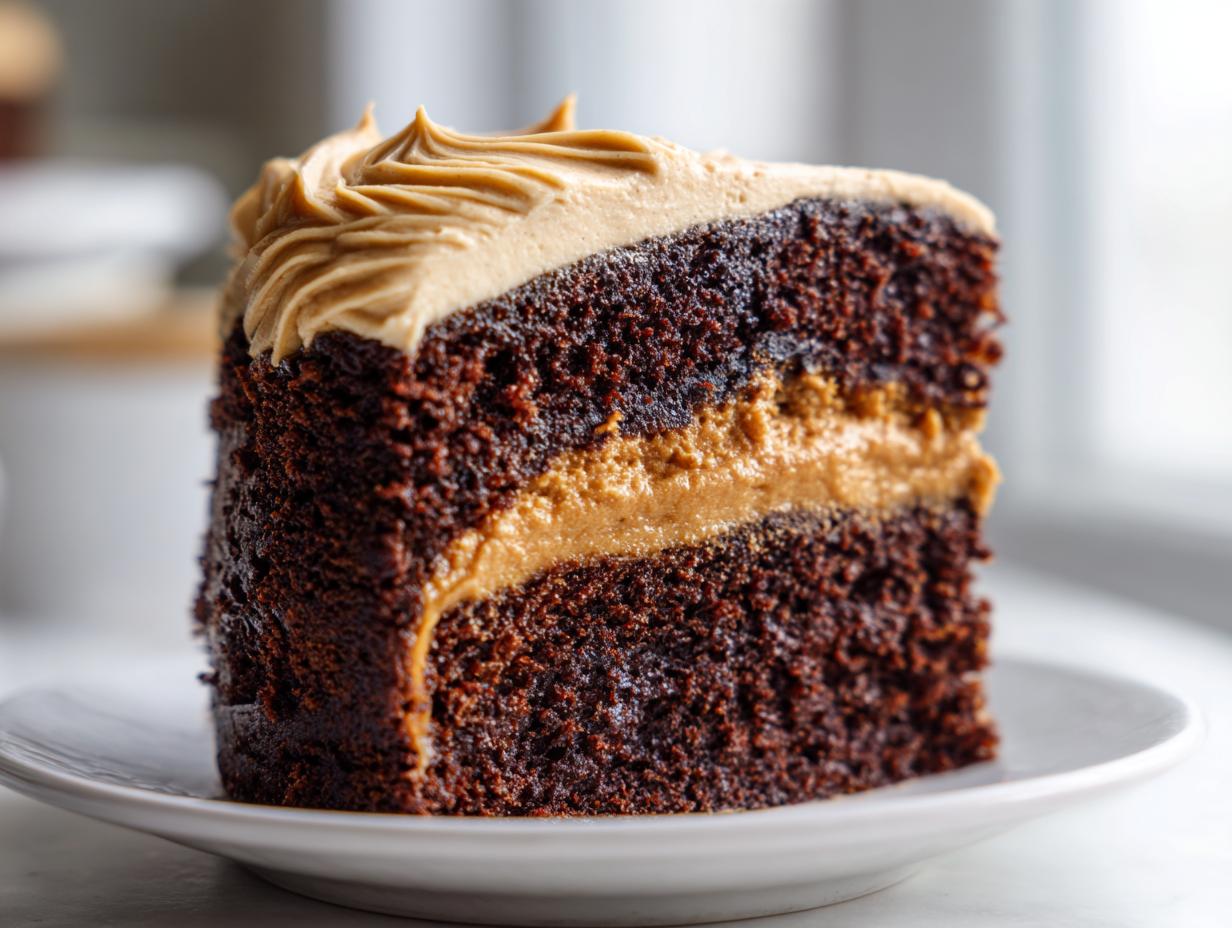 Close-up of a moist slice of dark gingerbread cake layered with caramel filling and topped with piped frosting.