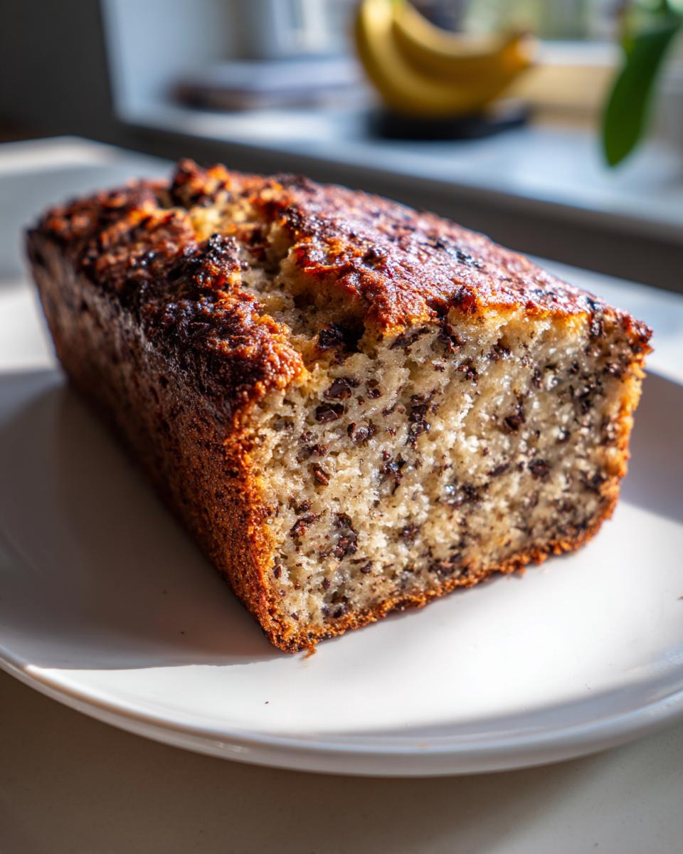 A freshly baked loaf of greek yogurt banana bread, studded with chocolate chips, sitting on a white plate.