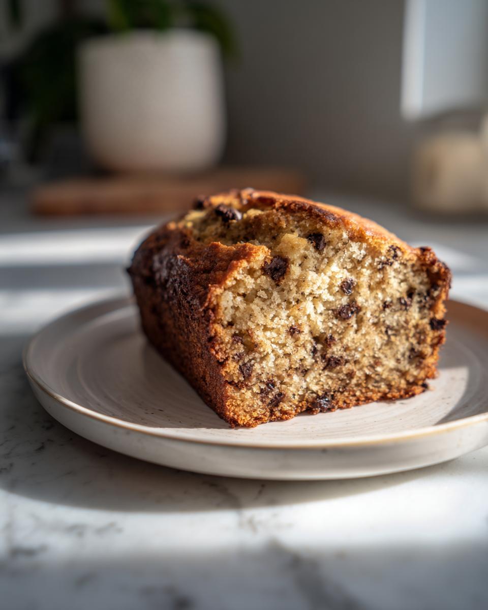 A close-up of a moist slice of greek yogurt banana bread studded with chocolate chips, sitting on a light plate.