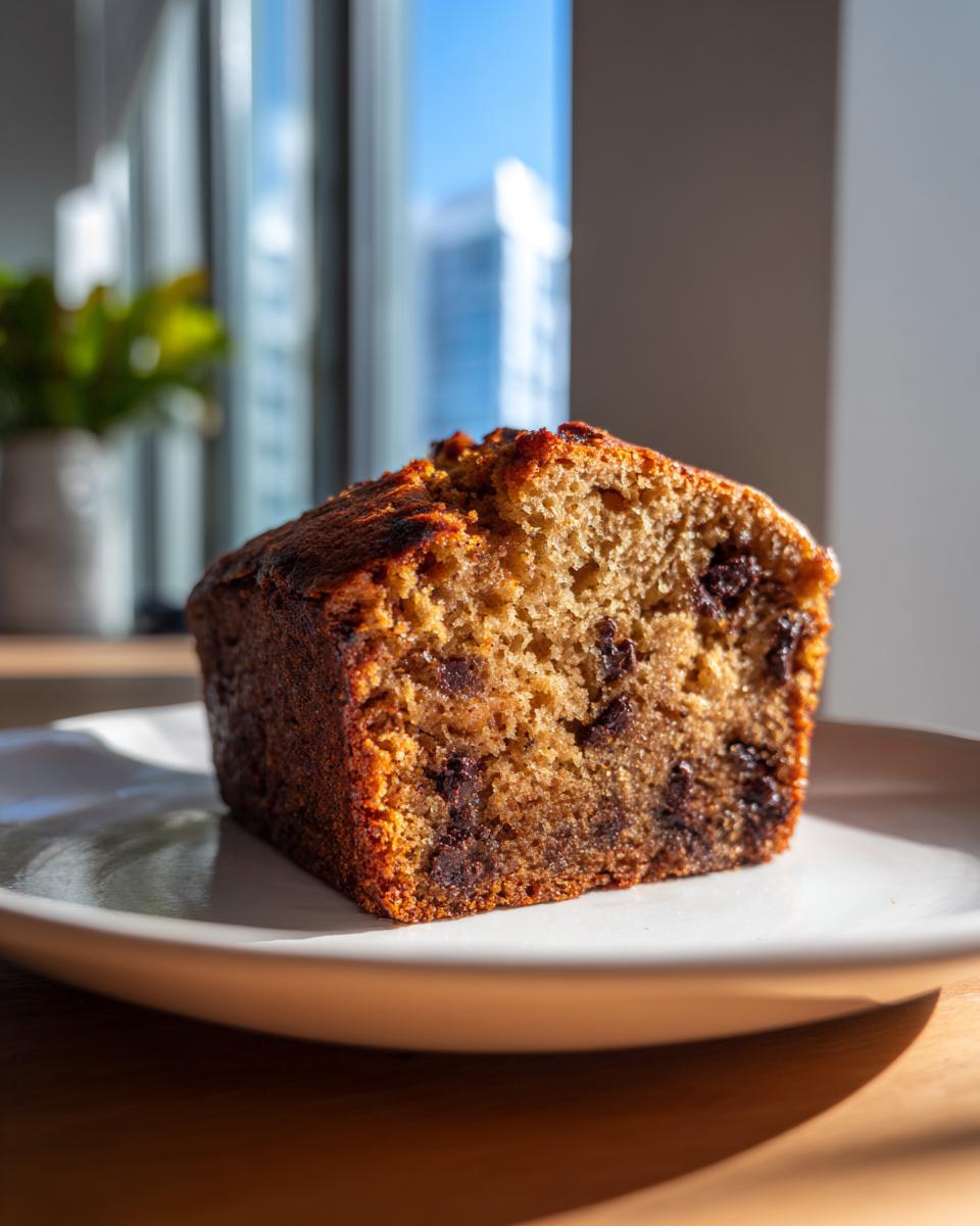 Close-up of a thick slice of greek yogurt banana bread studded with chocolate chips, sitting on a white plate.