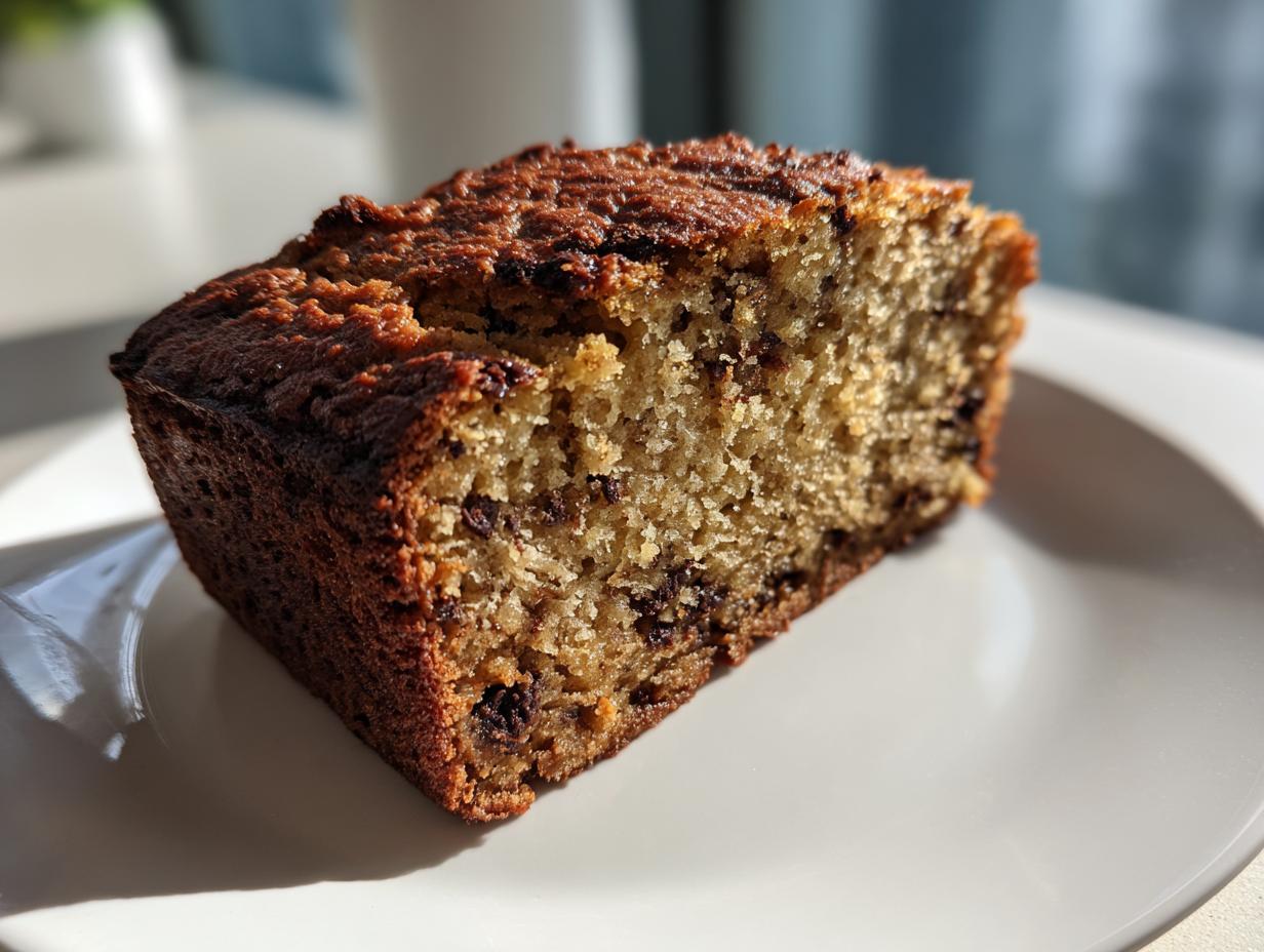 Close-up of a moist slice of greek yogurt banana bread, featuring a dark, caramelized crust and visible chocolate chips throughout the crumb.