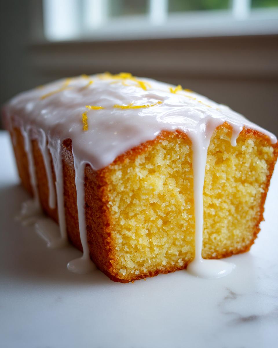 Close-up of a moist lemon loaf cake with thick white glaze dripping down the sides and topped with bright lemon zest.