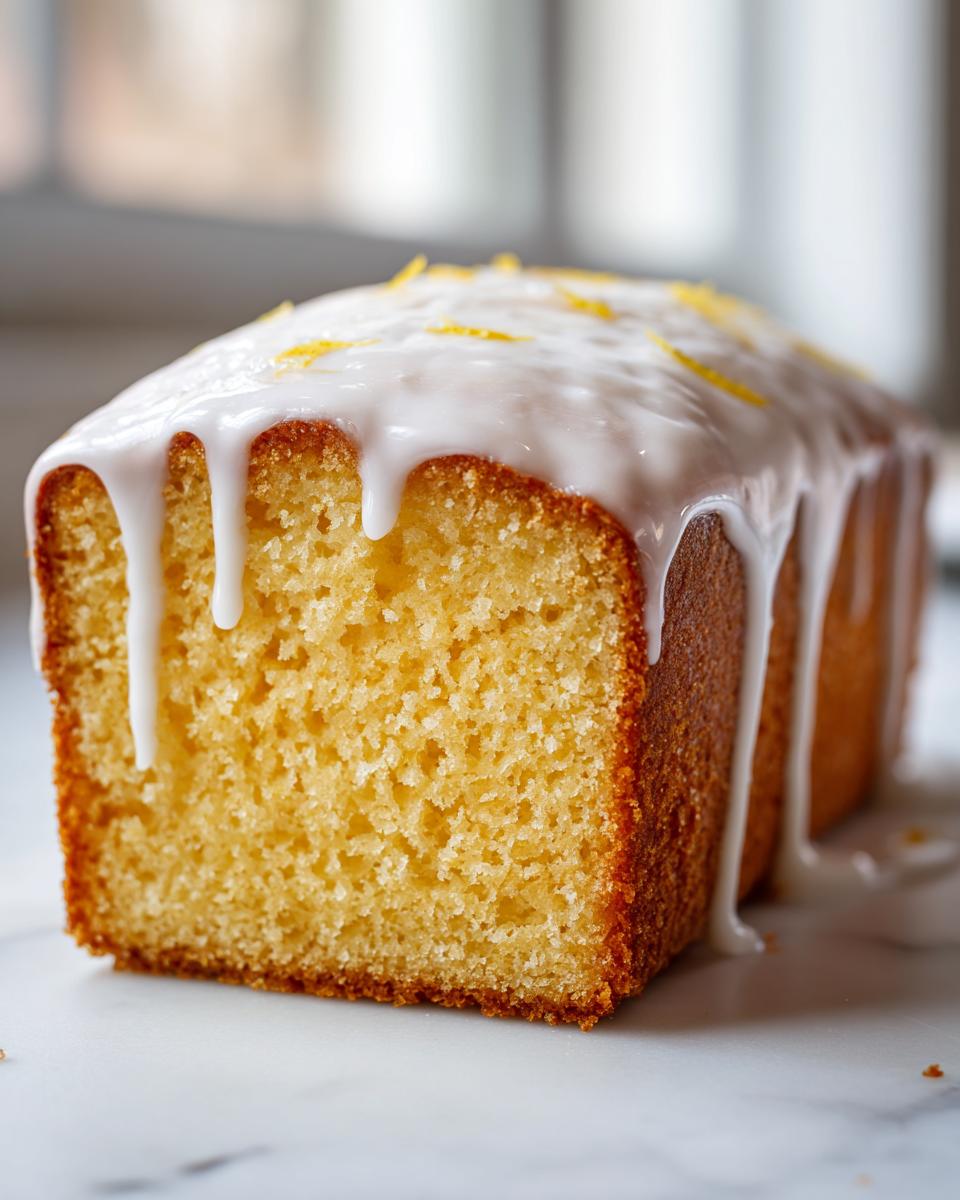Close-up of a moist lemon loaf cake with thick white glaze dripping down the sides and lemon zest topping.