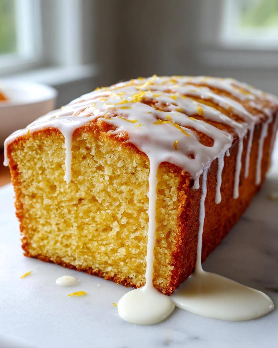 Close-up of a moist lemon loaf cake drizzled with thick white icing and topped with lemon zest.
