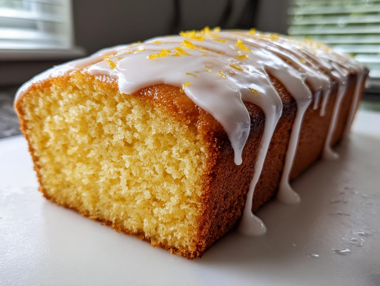 A close-up of a moist lemon loaf cake, featuring a thick white glaze dripping down the sides and topped with bright yellow lemon zest.