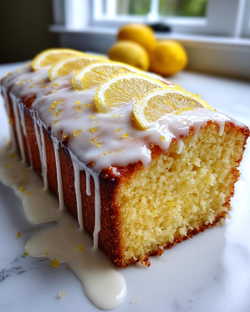 A moist lemon loaf cake, drizzled with white icing and topped with fresh lemon slices and zest.