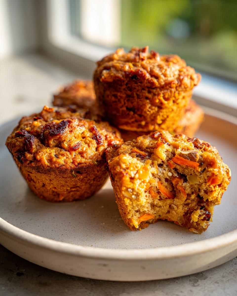 Close-up of several moist morning glory muffins on a plate, one broken open showing carrots and nuts inside.