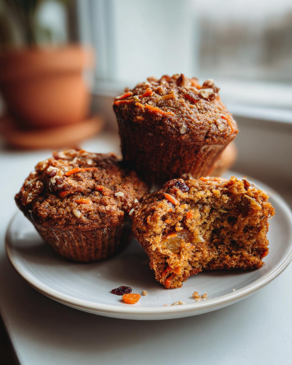 Close-up of three moist morning glory muffins, one broken open showing carrots, nuts, and raisins inside.