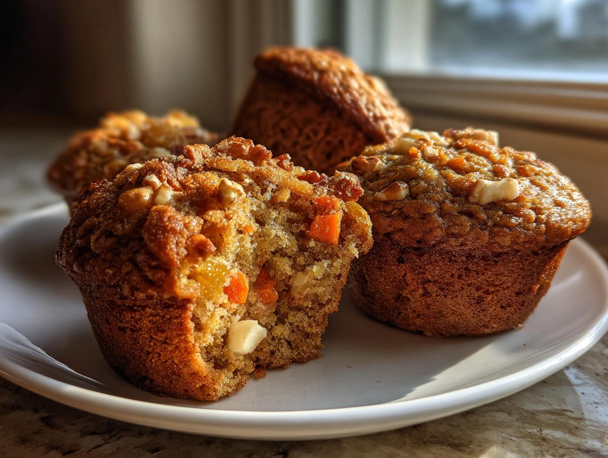 Close-up of moist morning glory muffins, one broken open showing carrots and nuts inside.