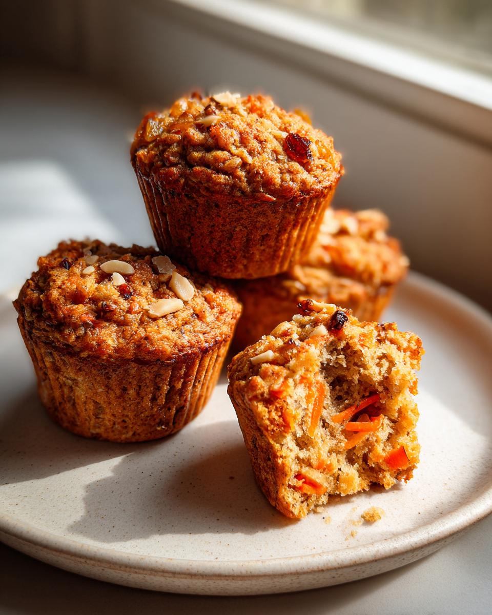 A stack of four moist morning glory muffins, one broken open showing shredded carrots inside.