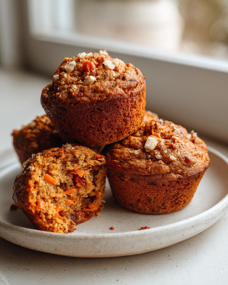 A stack of moist morning glory muffins topped with chopped nuts, one muffin broken open showing carrots and raisins inside.