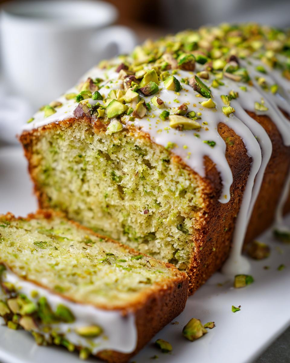 Close-up of a sliced pistachio bread loaf topped with white glaze and chopped pistachios.