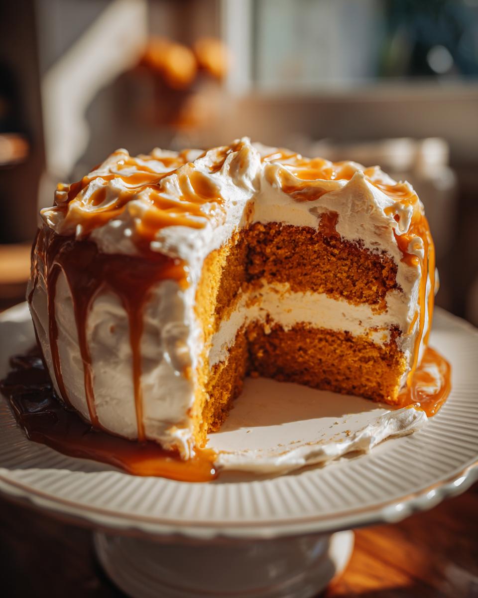 A slice removed from a moist pumpkin poke cake topped with white frosting and caramel sauce.