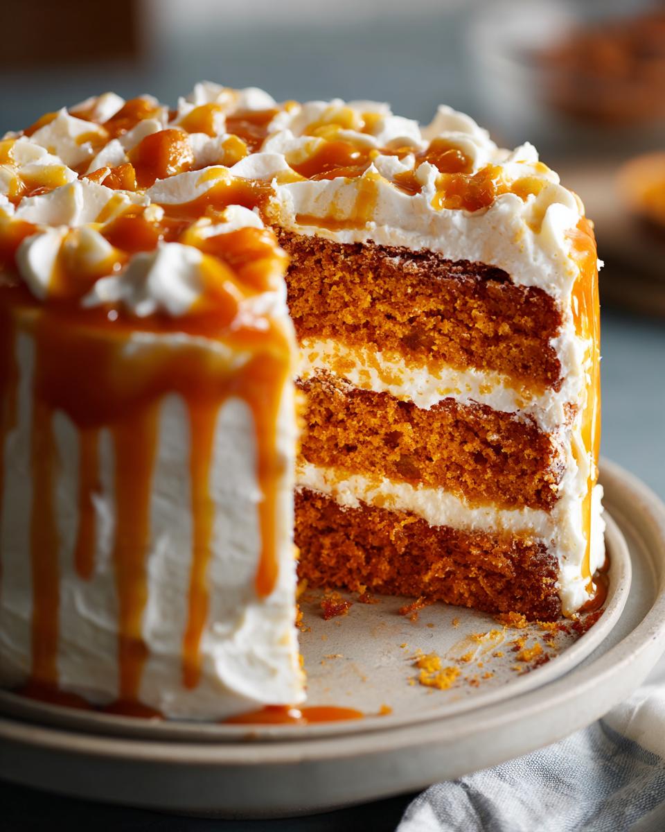 A slice removed from a layered pumpkin poke cake covered in white frosting and caramel sauce.
