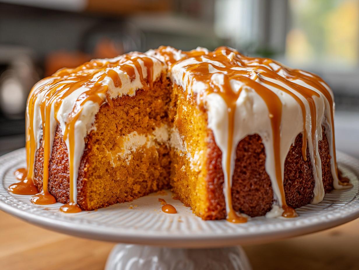 A slice cut from a moist pumpkin poke cake topped with cream cheese frosting and caramel sauce.