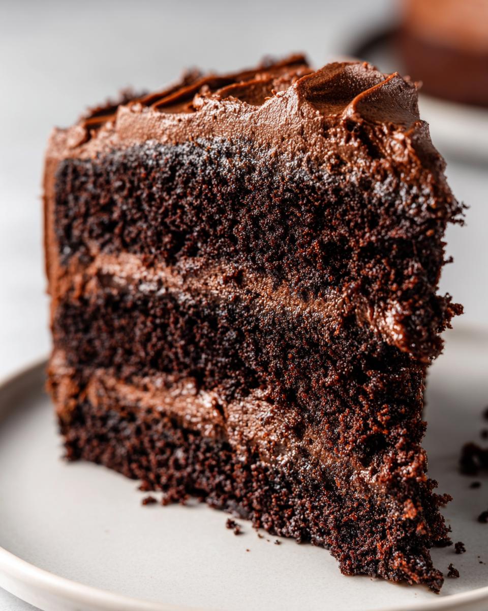 Close-up of a moist, layered slice of dark chocolate cake with rich chocolate frosting.