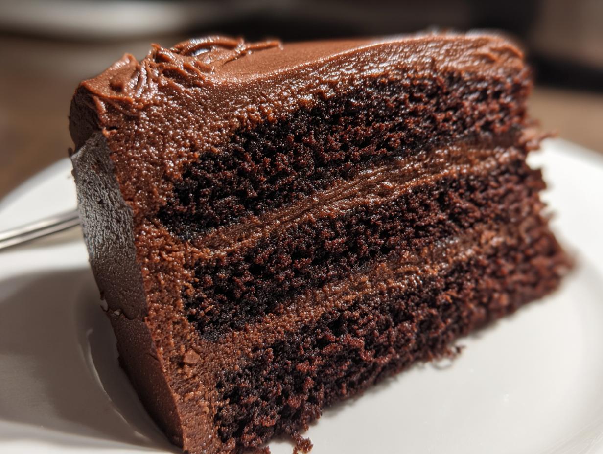 Close-up of a moist, dark slice of chocolate cake recipe with thick chocolate frosting layers.