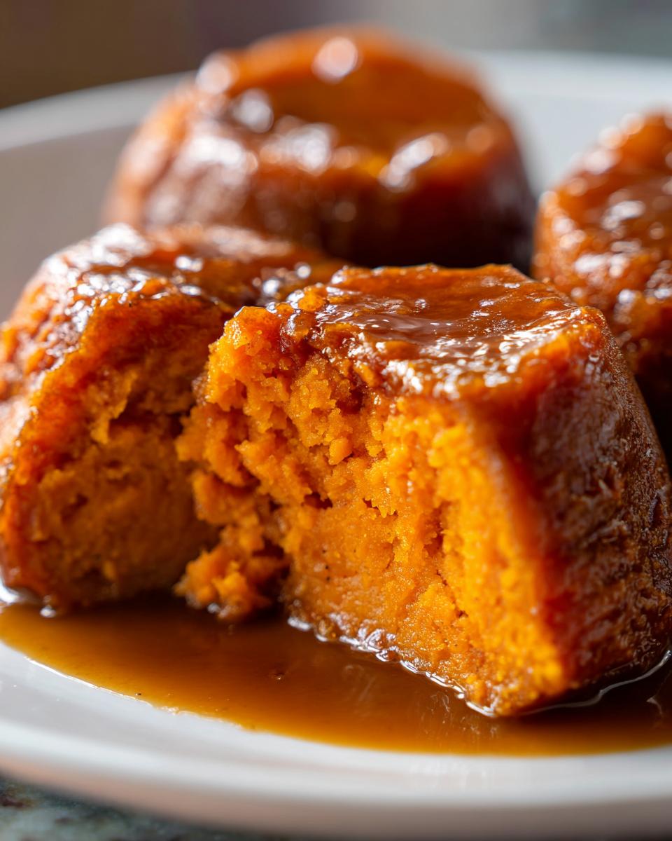 Close-up of moist, molded portions of southern candied yams covered in a rich, glossy brown sugar glaze.