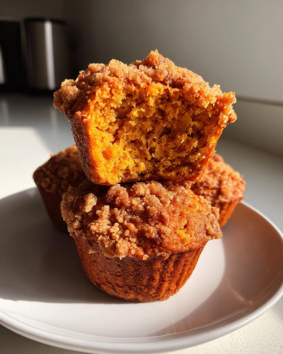 Close-up of moist sweet potato muffins stacked, showing the orange interior and cinnamon streusel topping.