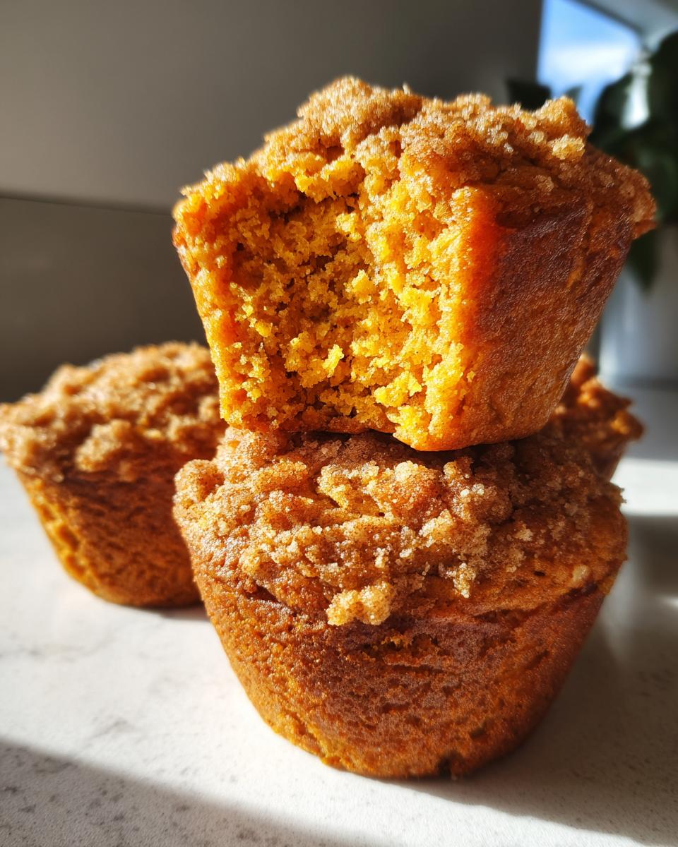 Close-up stack of moist sweet potato muffins featuring a crumb topping, one broken open to show the texture.