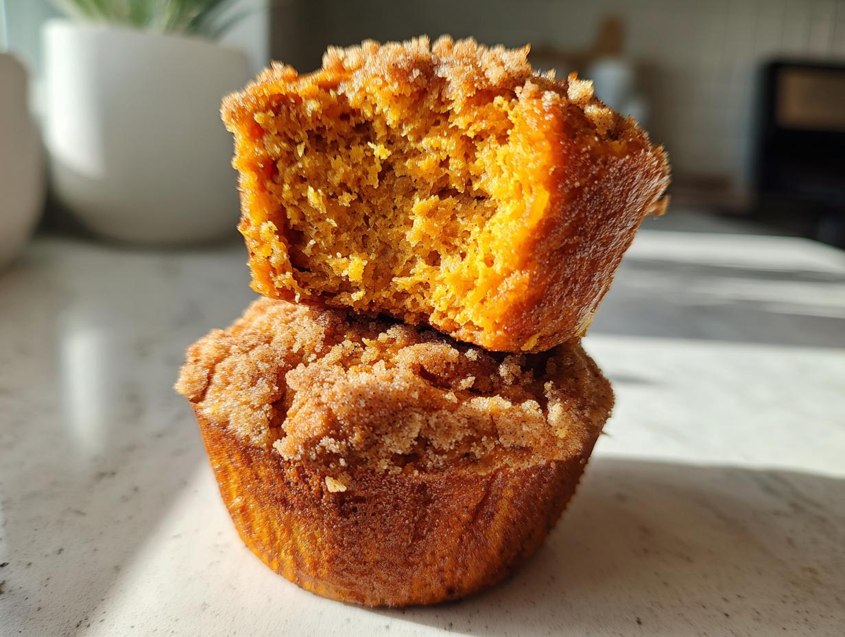 Close-up of two stacked sweet potato muffins, one broken open showing the moist interior and cinnamon crumb topping.
