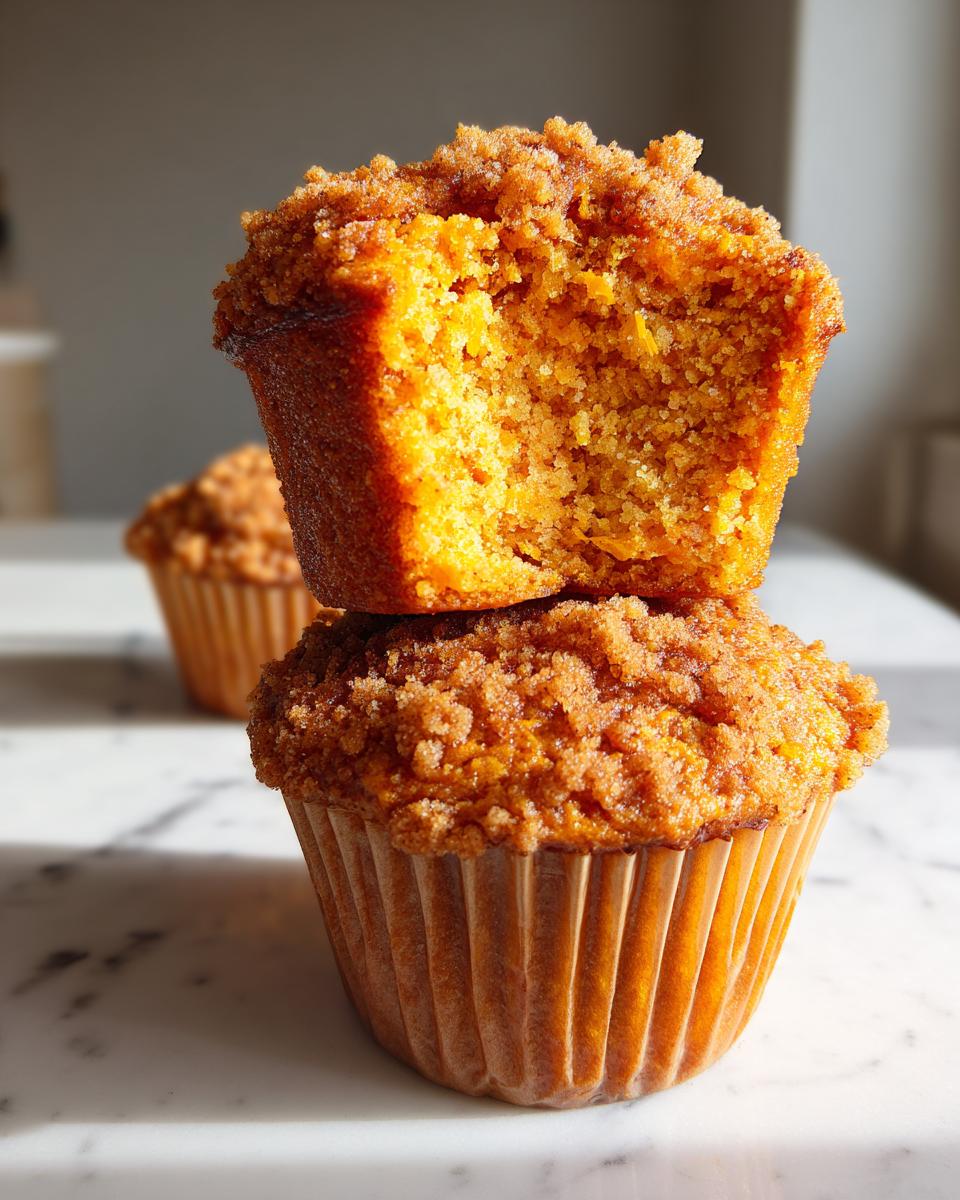 Two stacked sweet potato muffins, one cut in half showing the moist orange interior and crumb topping.