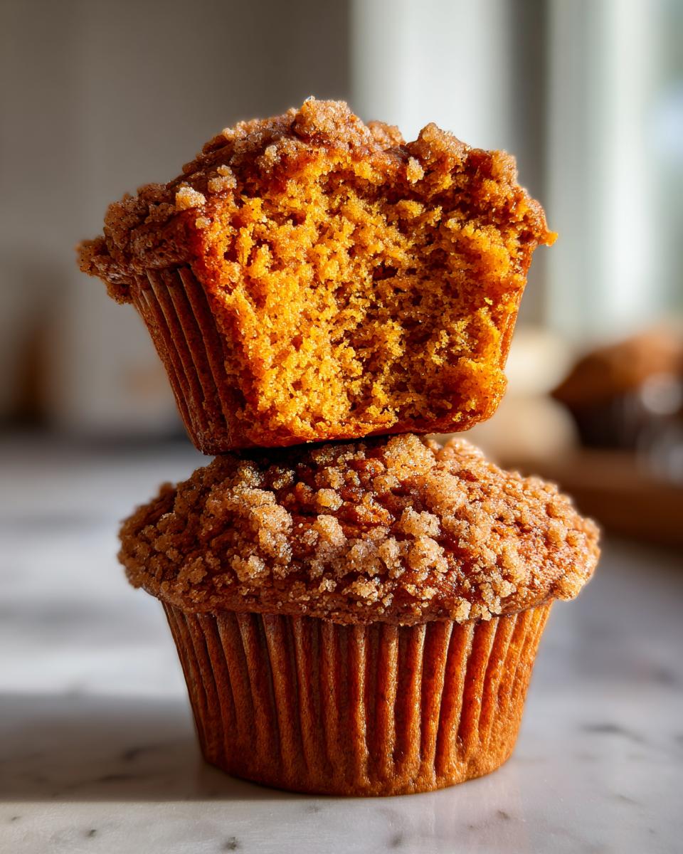 Two sweet potato muffins stacked, the top one broken open showing the moist interior and crumb topping.