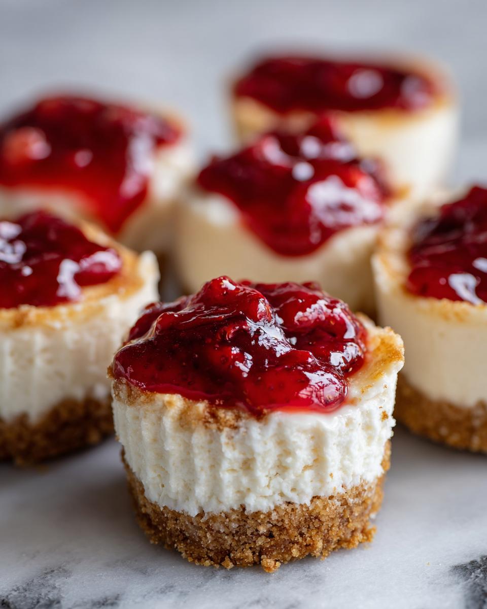 A close-up shot of individual no-bake cheesecake bites topped with glistening red berry compote, resting on a marble surface.