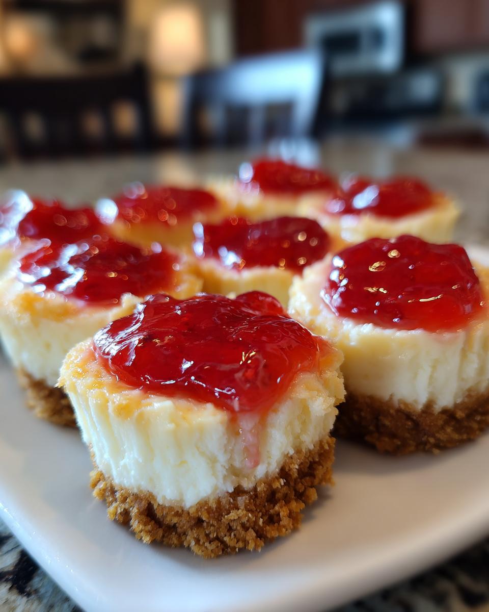A plate of homemade no-bake cheesecake bites topped with bright red strawberry glaze.