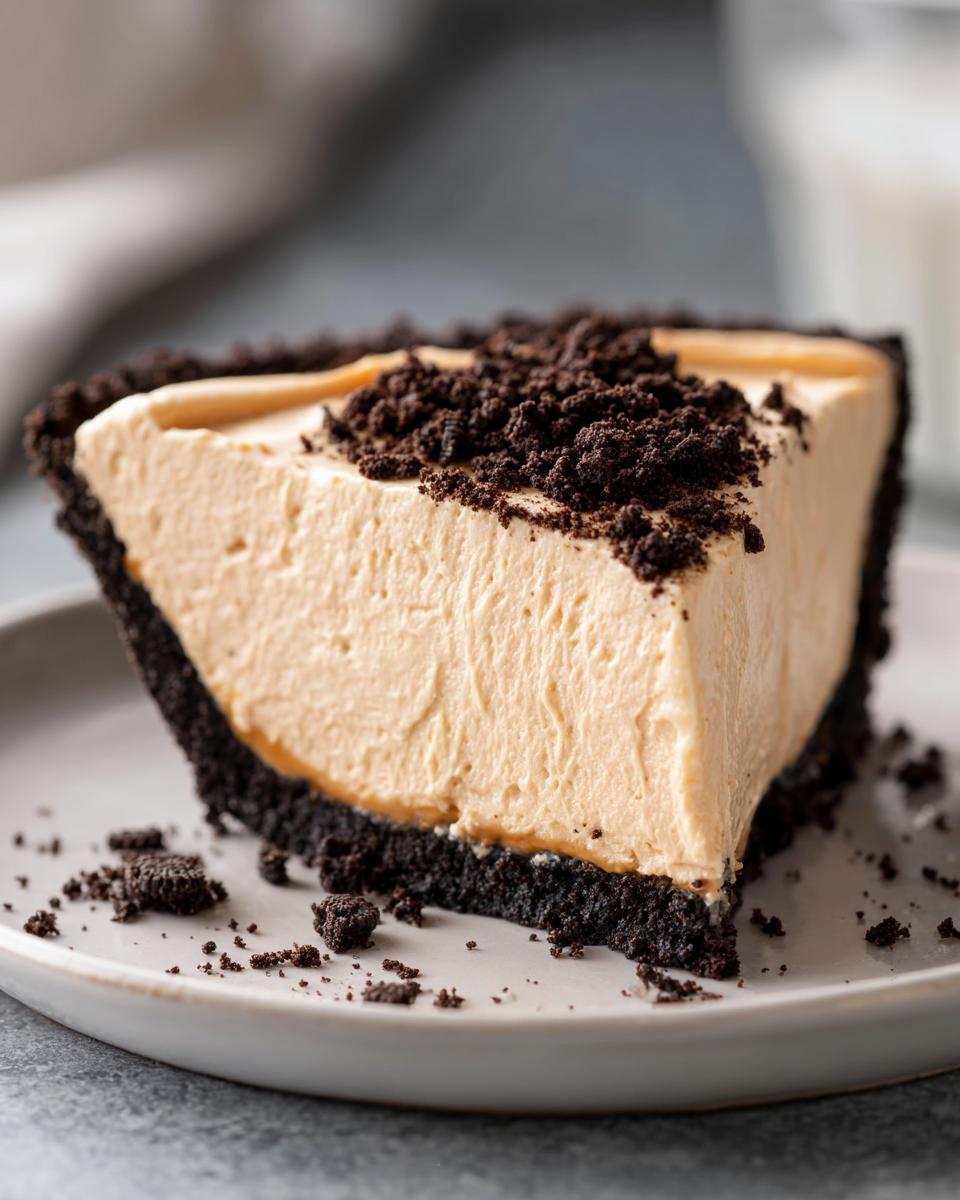 A close-up of a thick slice of no bake peanut butter pie with a creamy filling and chocolate cookie crust.