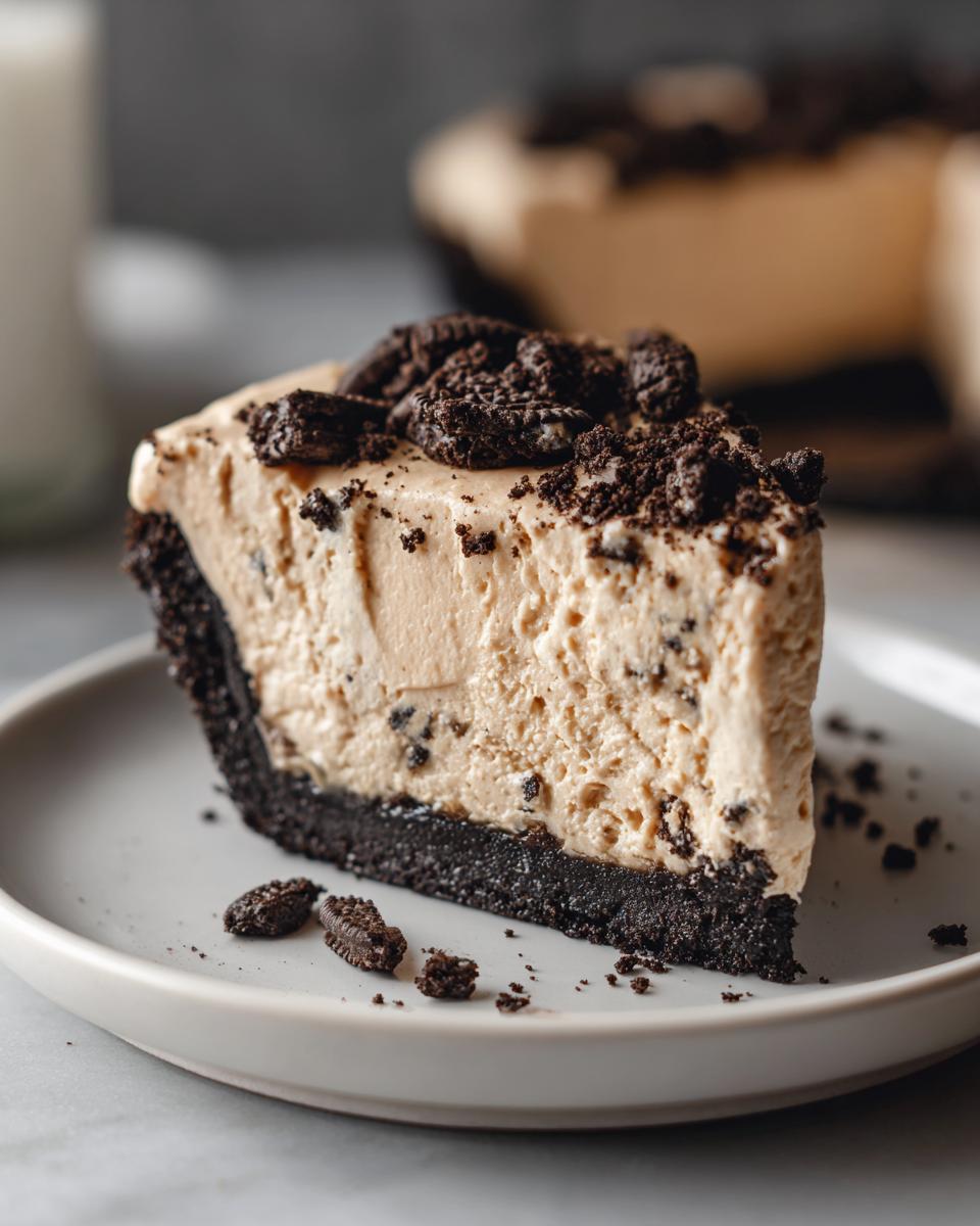 A decadent slice of no bake peanut butter pie featuring a dark cookie crust and creamy filling topped with cookie crumbles.
