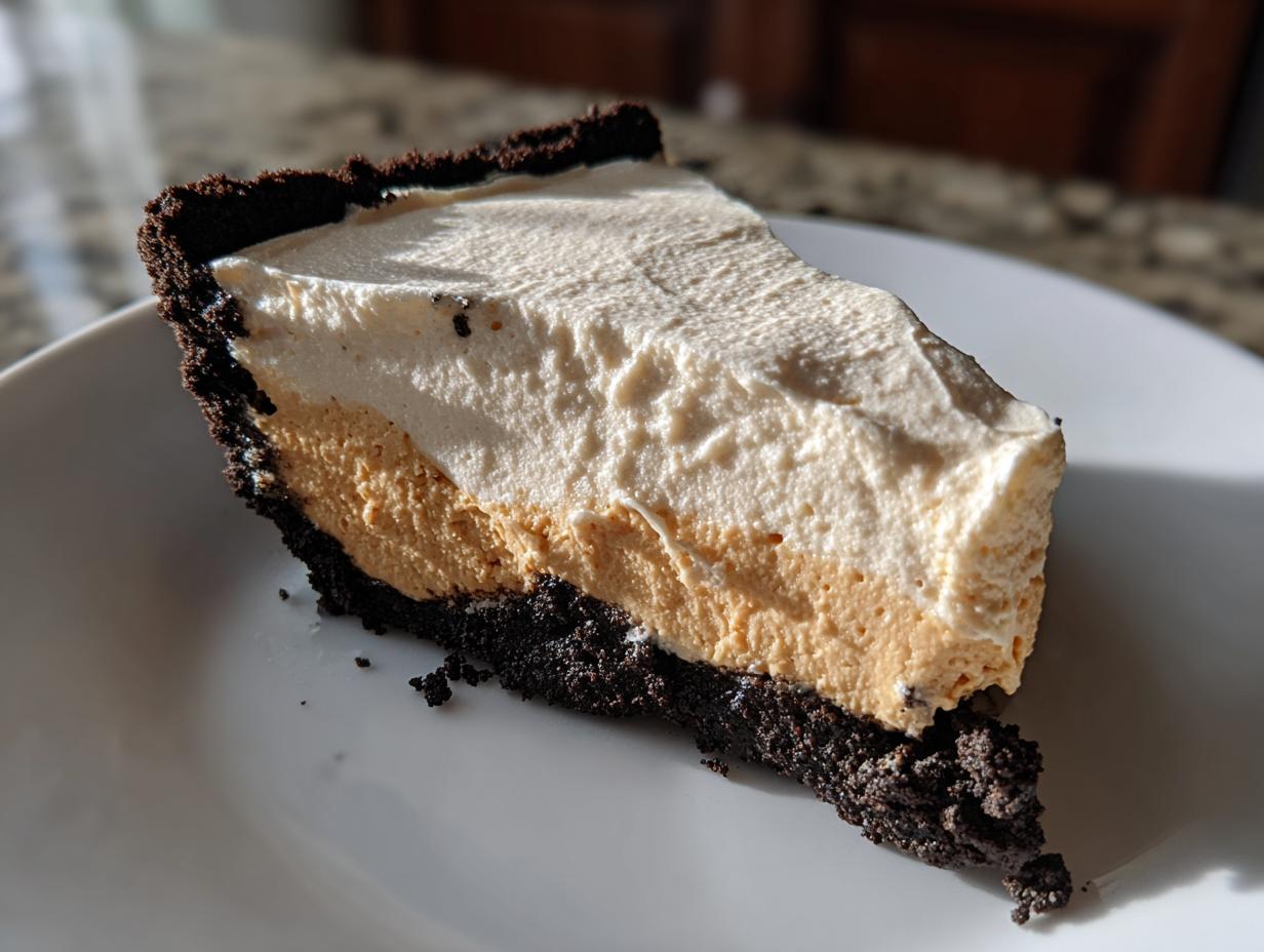 A close-up slice of no bake peanut butter pie featuring a dark chocolate crust and two creamy layers.