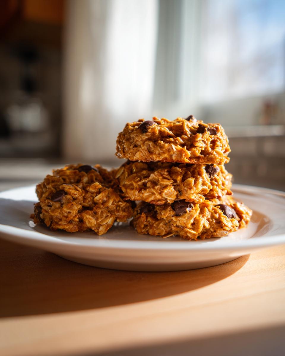 A stack of four textured, orange-hued breakfast cookie treats with visible oats and chocolate chips on a white plate.