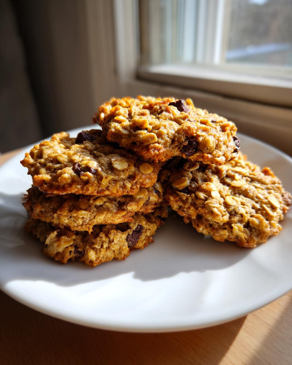 A stack of golden brown oatmeal chocolate chip breakfast cookie fuel on a white plate near a window.