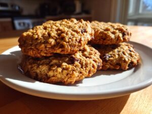 Four hearty oatmeal chocolate chip breakfast cookie treats stacked on a white plate in bright sunlight.