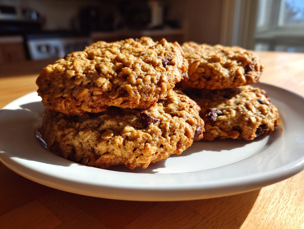 Four hearty oatmeal chocolate chip breakfast cookie treats stacked on a white plate in bright sunlight.