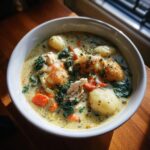 Close-up of a creamy bowl of Olive Garden Chicken Gnocchi Soup with chicken, spinach, carrots, and gnocchi.
