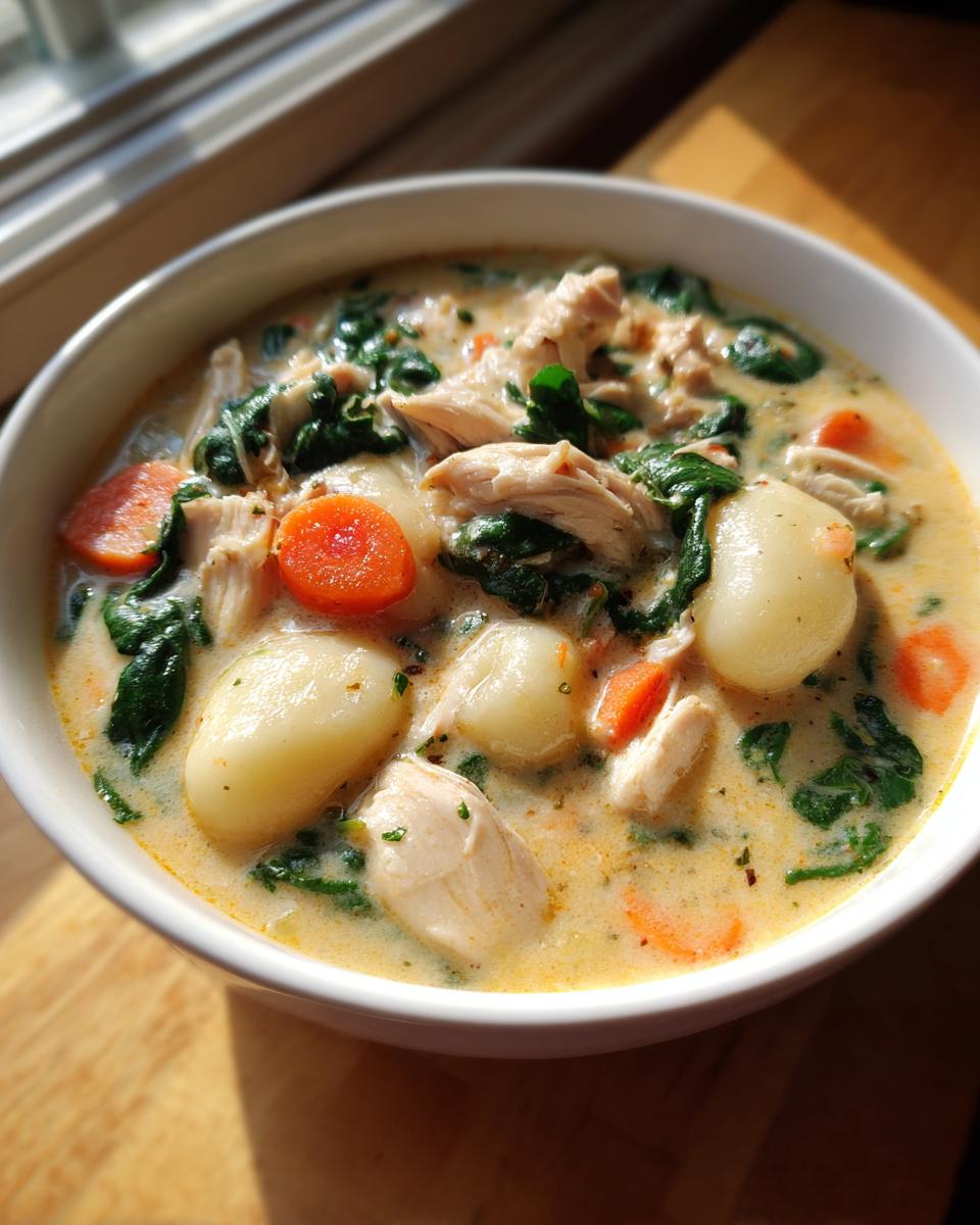 Close-up of a white bowl filled with creamy olive garden chicken gnocchi soup, featuring chicken, spinach, carrots, and gnocchi.