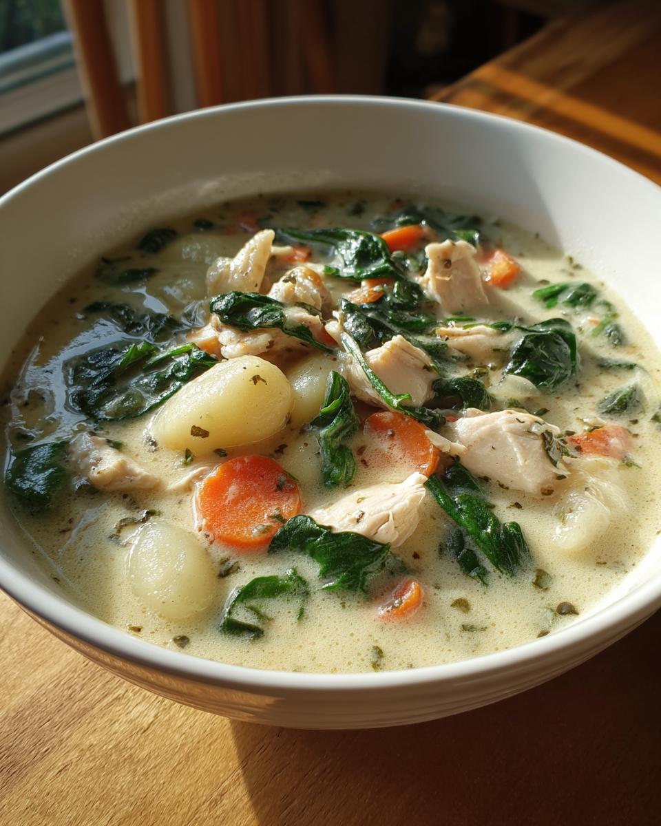 Close-up of a creamy bowl of olive garden chicken gnocchi soup with spinach and carrots.
