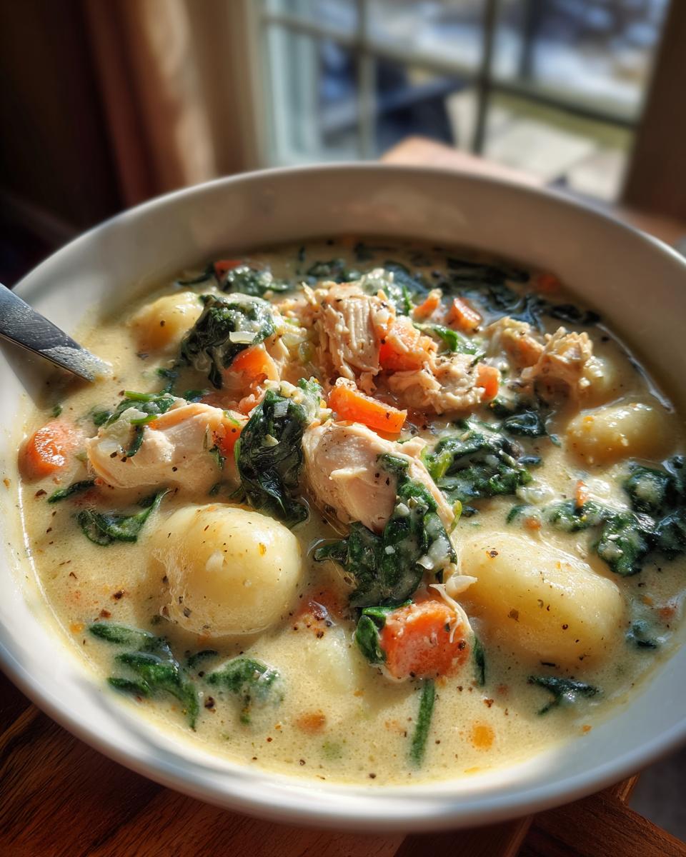 Close-up of a bowl of creamy olive garden chicken gnocchi soup featuring tender chicken, spinach, carrots, and potato gnocchi.