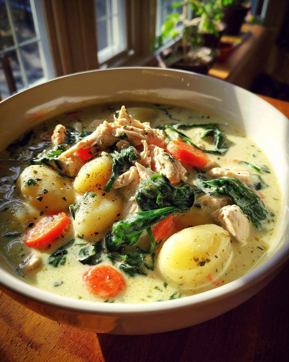 Close-up of creamy Olive Garden Chicken Gnocchi Soup featuring gnocchi, shredded chicken, spinach, and carrots.